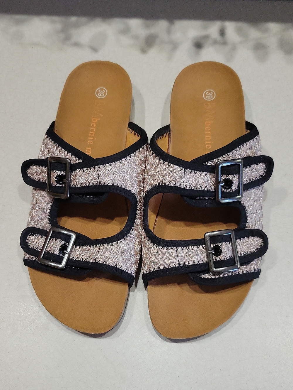 bernie mev. Pink Woven Double-Buckle Slide Sandals with Black Trim
